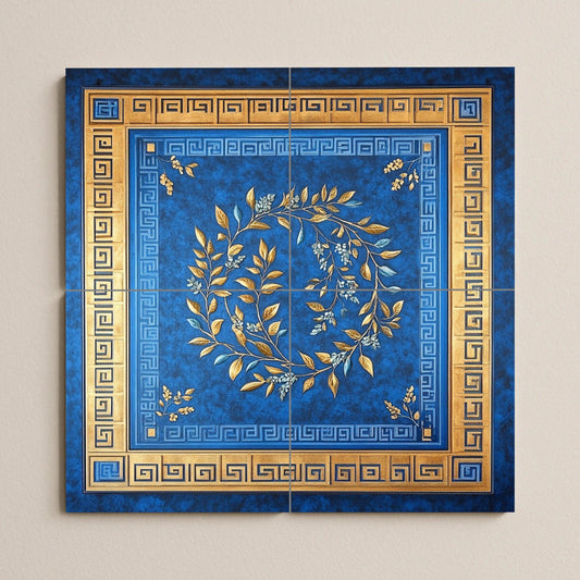 Cobalt Blue and Gold Ceramic Mural: Ornamental Laurel Wreath with Greek Key Border, Classic Decorative Tile Wall Panel, Luxurious Design