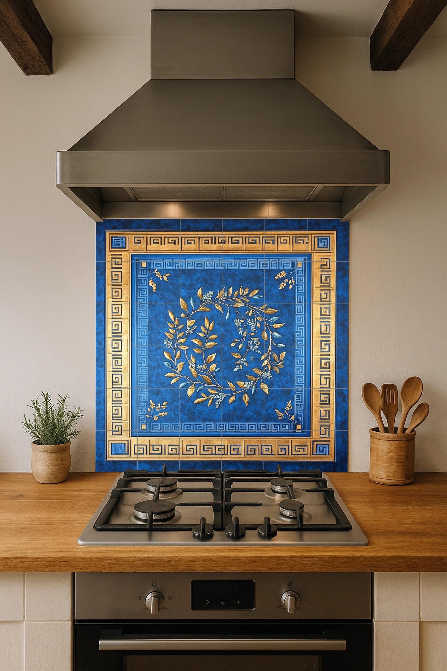 Cobalt Blue and Gold Ceramic Mural: Ornamental Laurel Wreath with Greek Key Border, Classic Decorative Tile Wall Panel, Luxurious Design