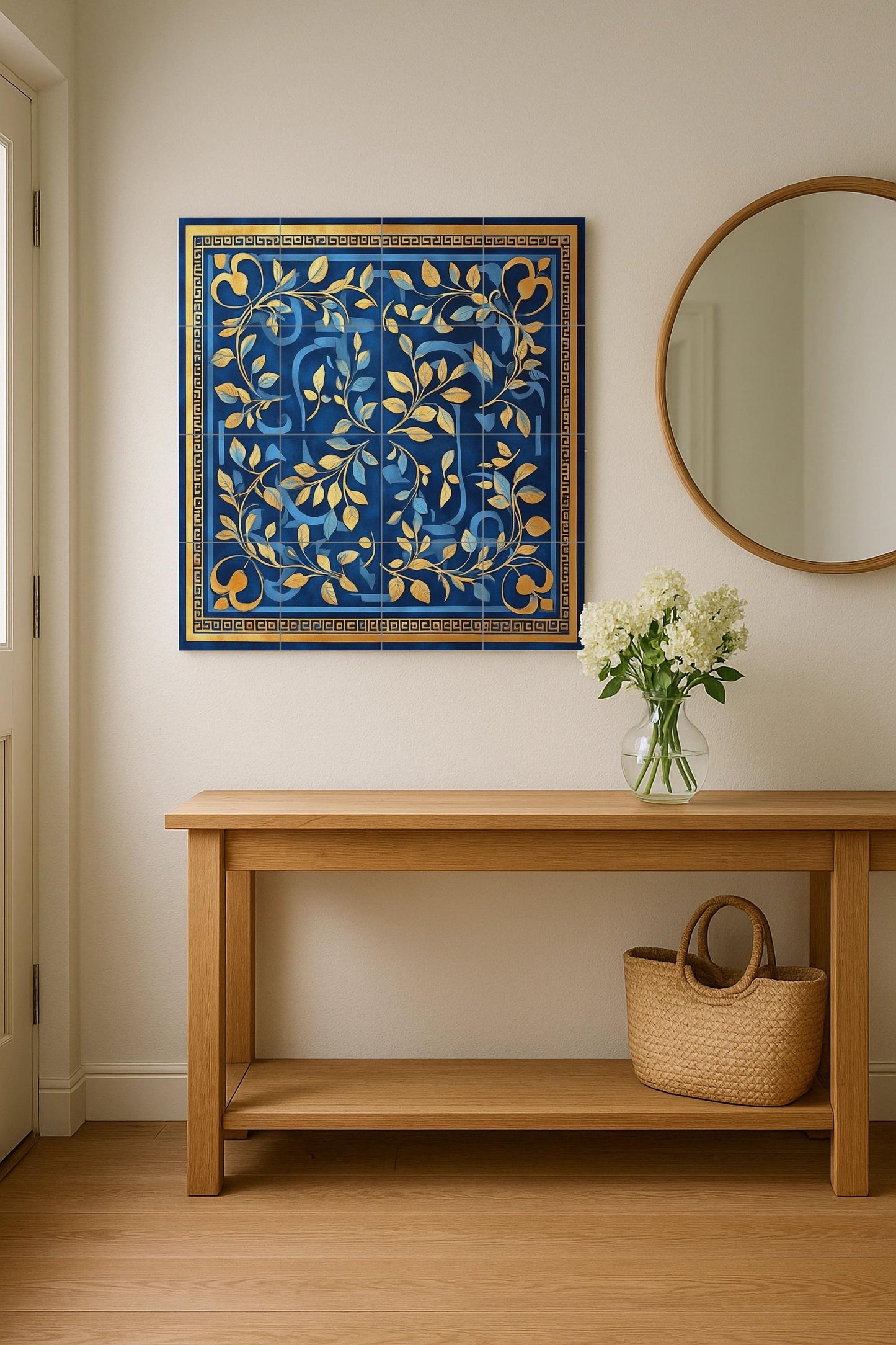 Ceramic mural of laurel and olive with Greek key: blue and gold decorative panel, classic Mediterranean art with tiles and elegant ornamental design.