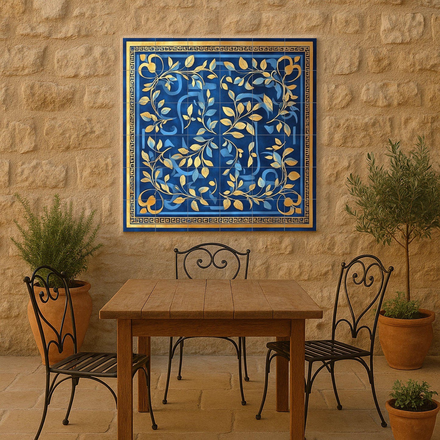 Ceramic mural of laurel and olive with Greek key: blue and gold decorative panel, classic Mediterranean art with tiles and elegant ornamental design.
