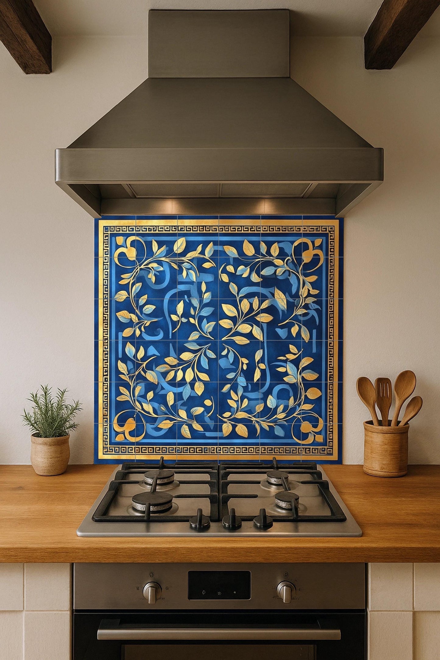Ceramic mural of laurel and olive with Greek key: blue and gold decorative panel, classic Mediterranean art with tiles and elegant ornamental design.