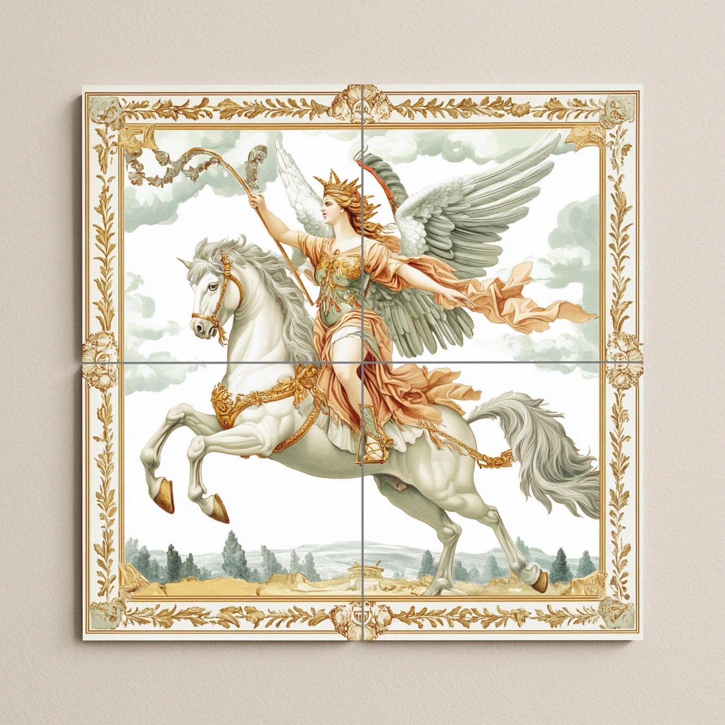 Majestic winged warrior on white horse: mythological ceramic mural, classic wall art, elegant decorative panel, a timeless statement for the home.