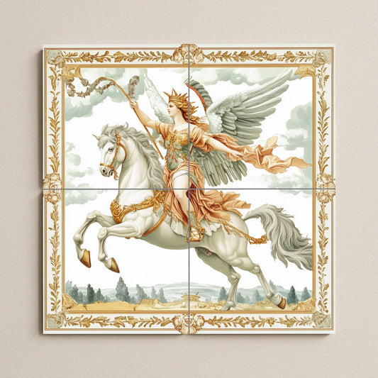 Majestic winged warrior on white horse: mythological ceramic mural, classic wall art, elegant decorative panel, a timeless statement for the home.