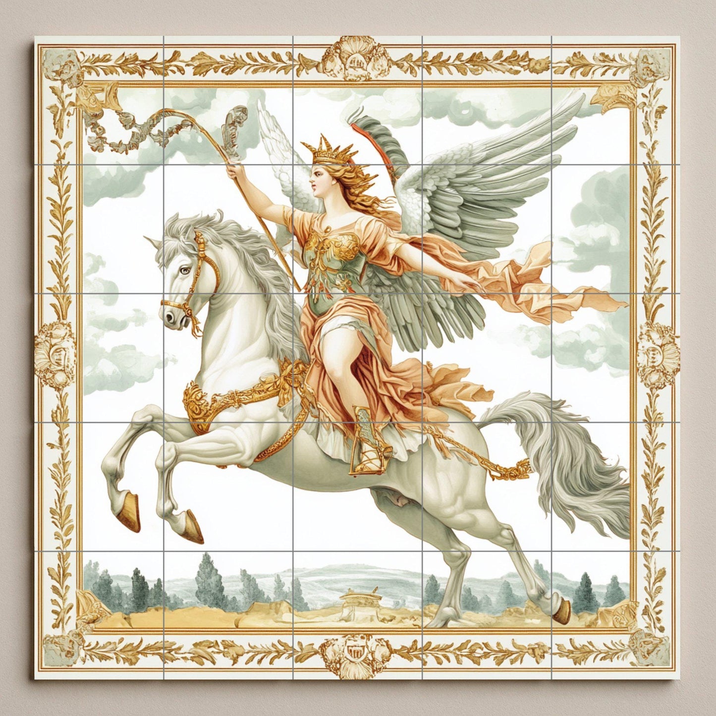 Majestic winged warrior on white horse: mythological ceramic mural, classic wall art, elegant decorative panel, a timeless statement for the home.