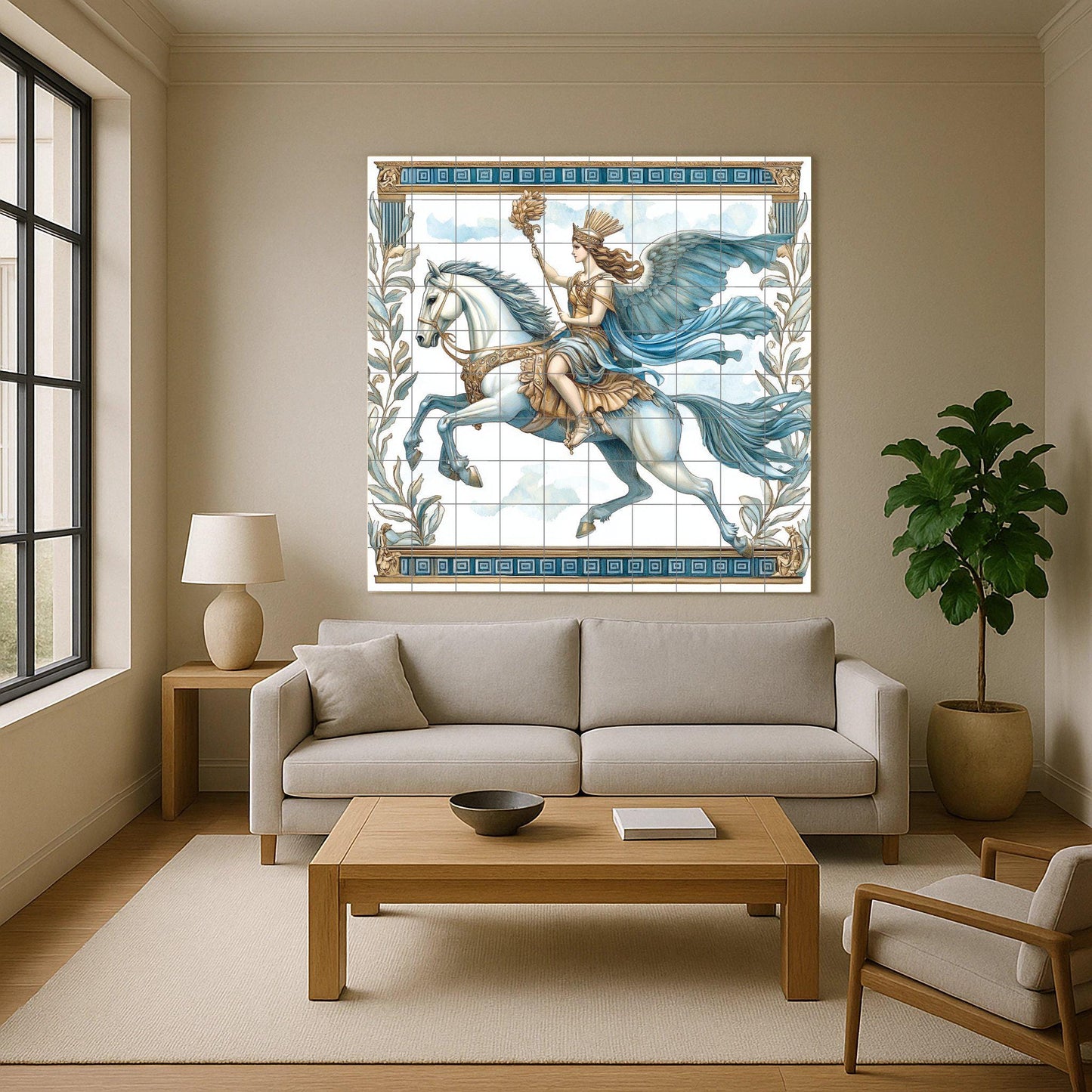 Ceramic mural of Valkyrie on Winged Horse: Decorative tile panel of warrior goddess from Norse mythology