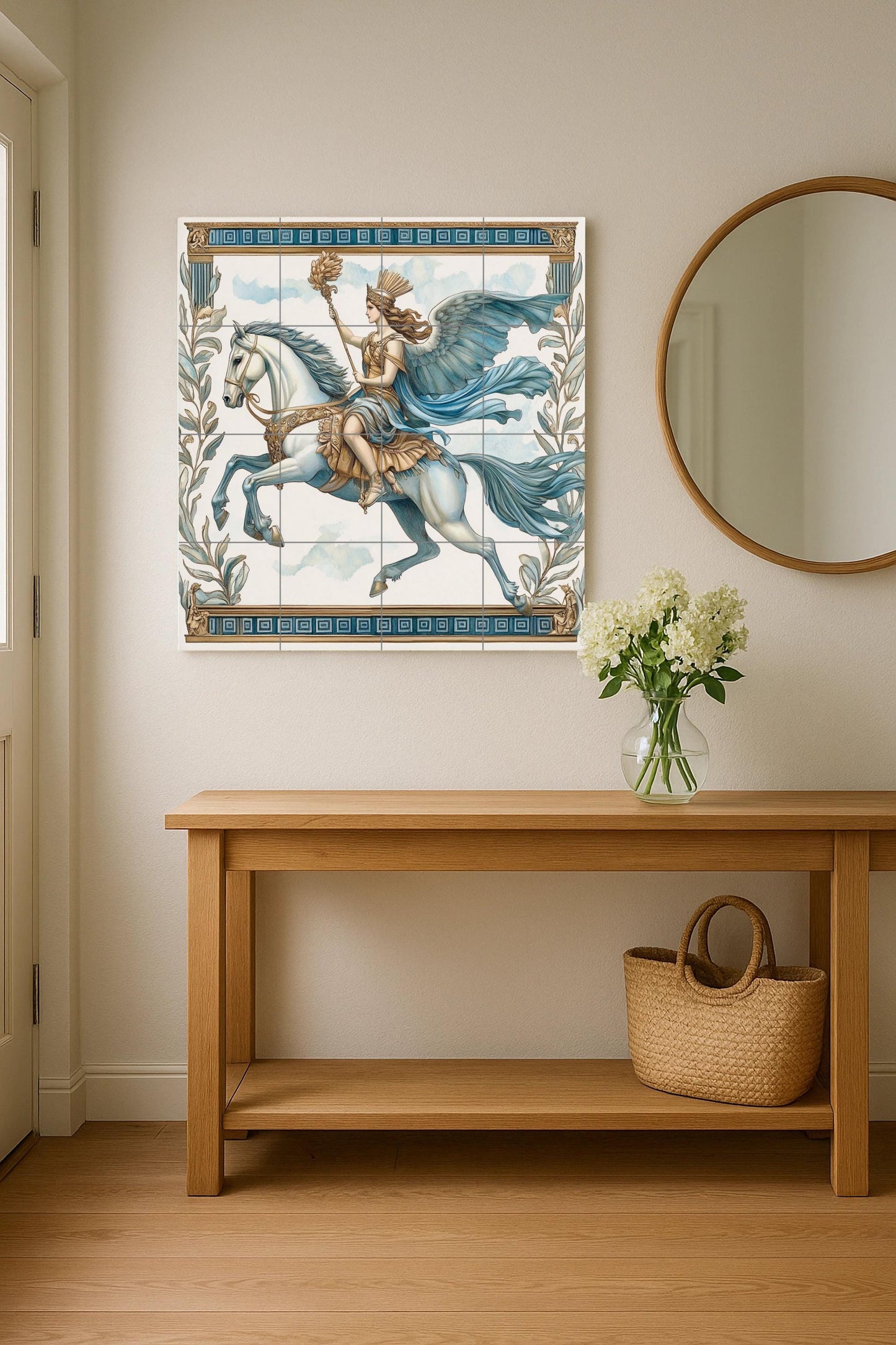 Ceramic mural of Valkyrie on Winged Horse: Decorative tile panel of warrior goddess from Norse mythology