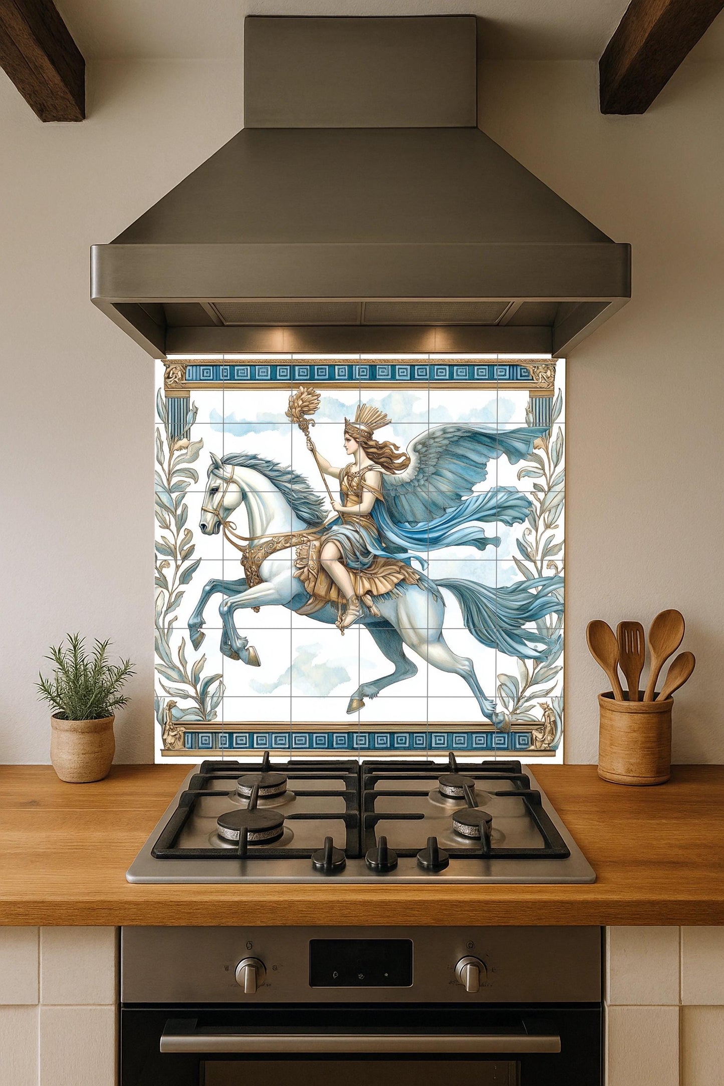 Ceramic mural of Valkyrie on Winged Horse: Decorative tile panel of warrior goddess from Norse mythology