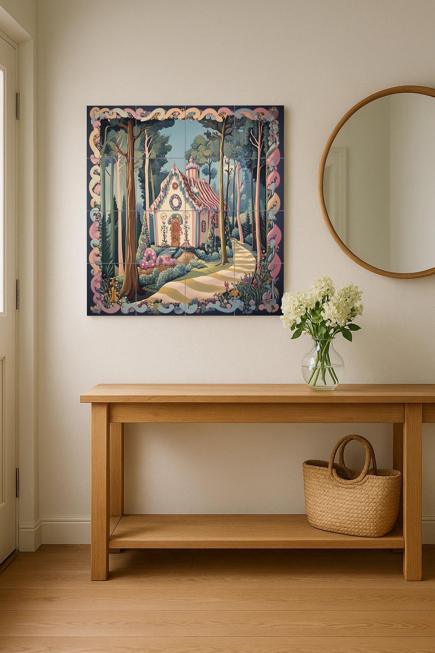 Hansel and Gretel ceramic mural: Enchanted candy cottage in the forest, fairy tale decorative tile panel