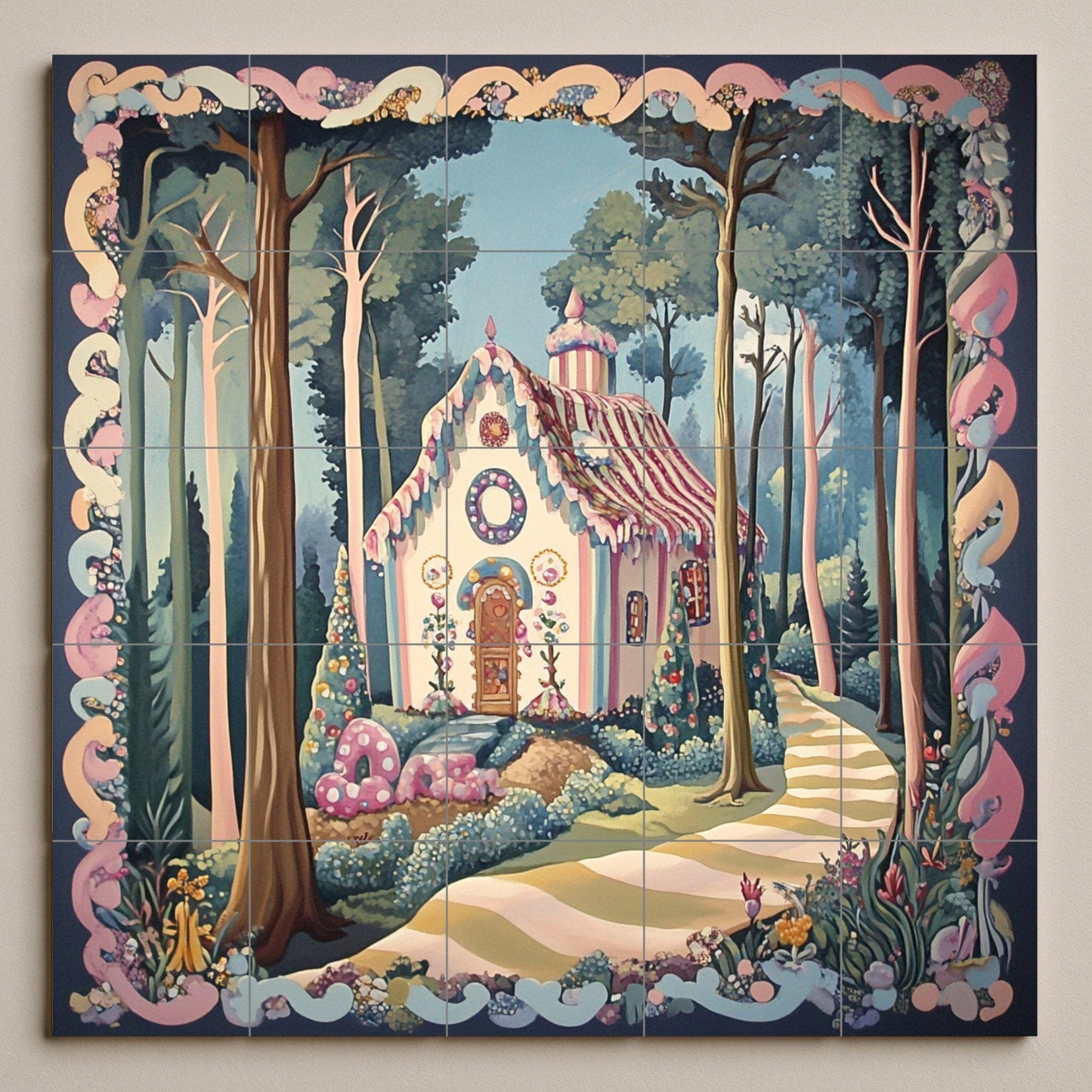 Hansel and Gretel ceramic mural: Enchanted candy cottage in the forest, fairy tale decorative tile panel