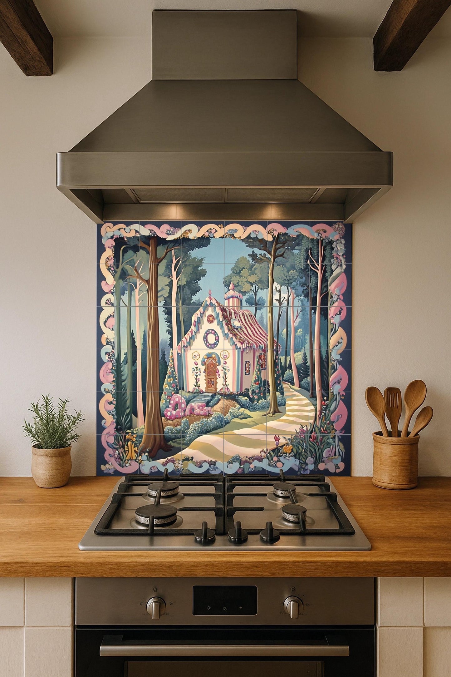 Hansel and Gretel ceramic mural: Enchanted candy cottage in the forest, fairy tale decorative tile panel