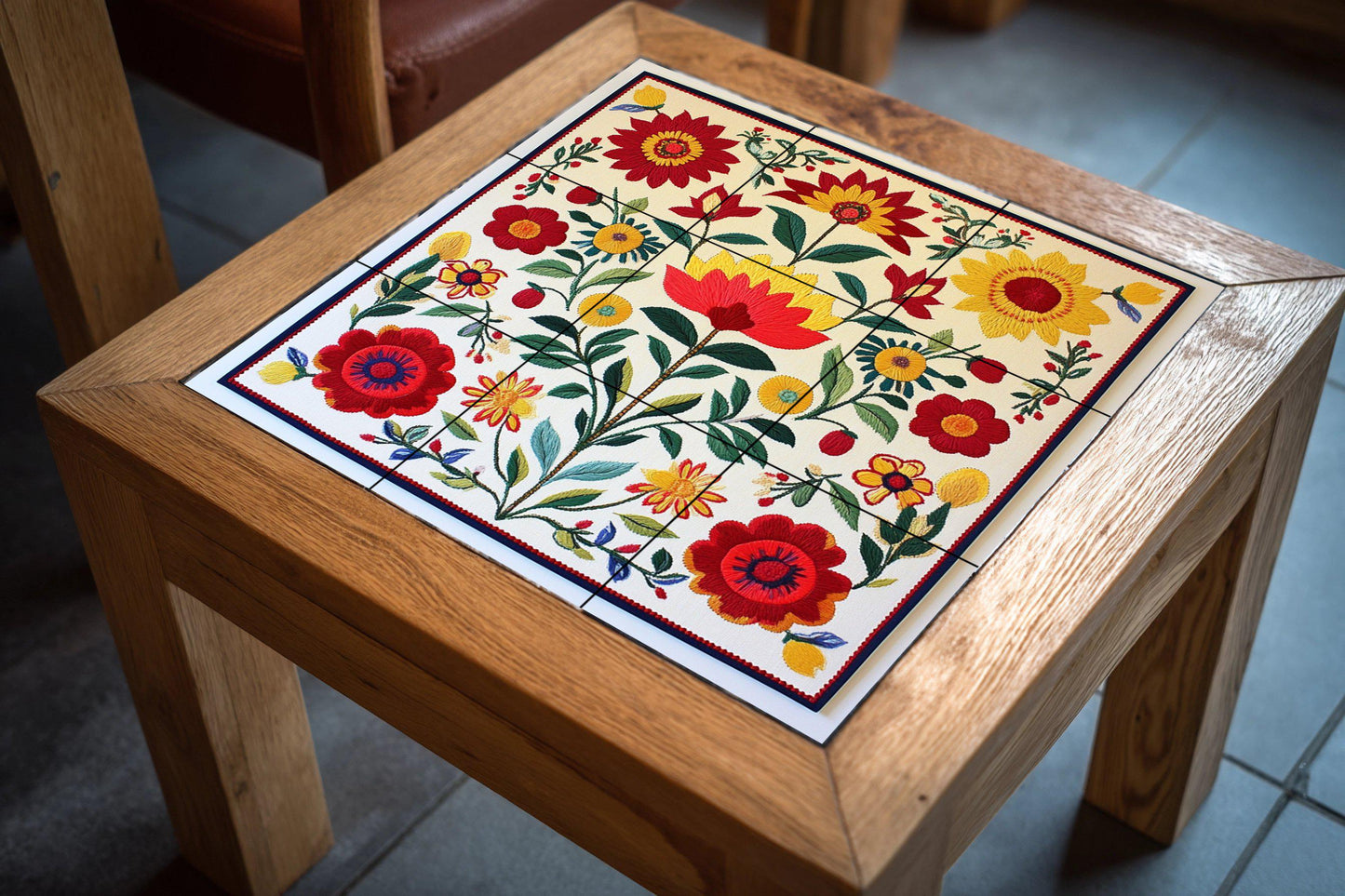 Hungarian folk ceramic mural: floral tile artwork inspired by Kalocsa embroidery with colorful flowers and traditional decorative elegance.