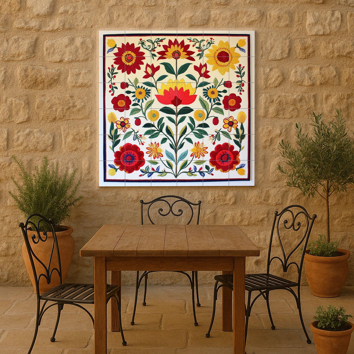 Hungarian folk ceramic mural: floral tile artwork inspired by Kalocsa embroidery with colorful flowers and traditional decorative elegance.