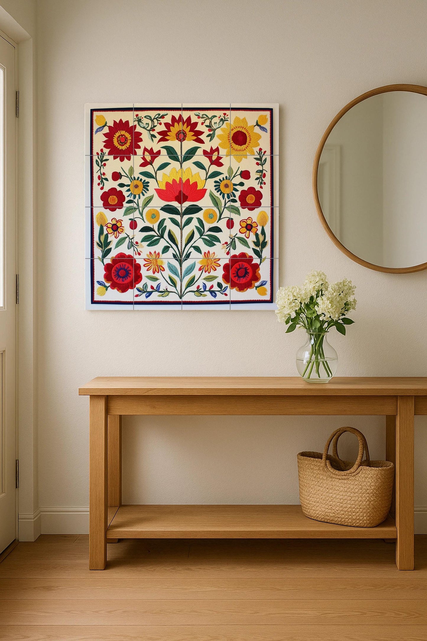 Hungarian folk ceramic mural: floral tile artwork inspired by Kalocsa embroidery with colorful flowers and traditional decorative elegance.