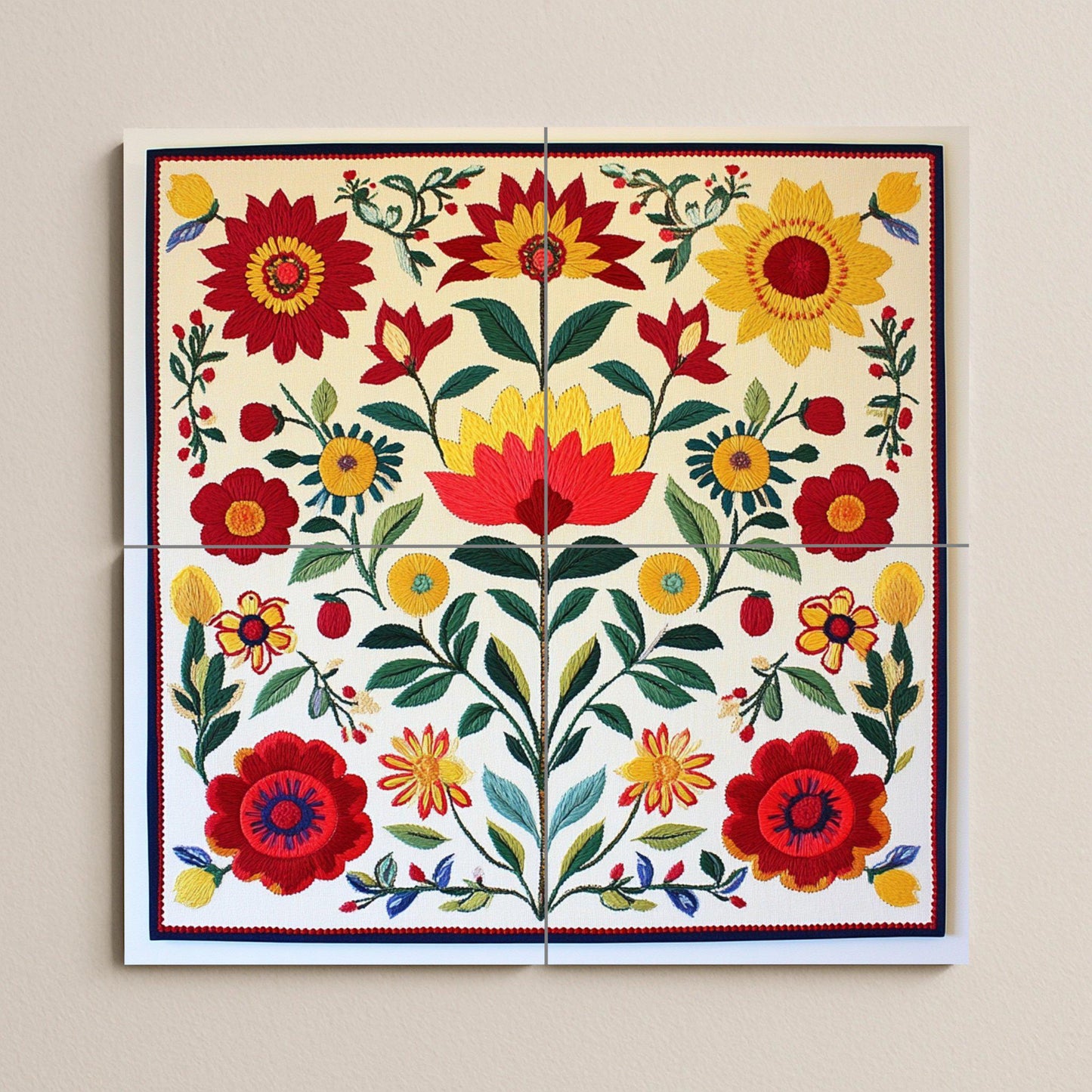Hungarian folk ceramic mural: floral tile artwork inspired by Kalocsa embroidery with colorful flowers and traditional decorative elegance.