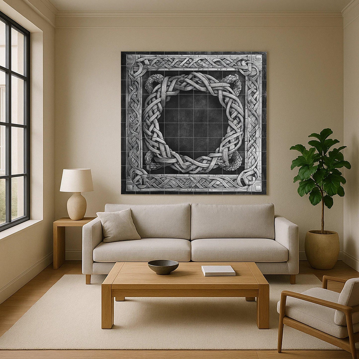 Nordic stonework ceramic mural: artwork with Viking knot border, Nordic weaving motifs and medieval architectural elegance.