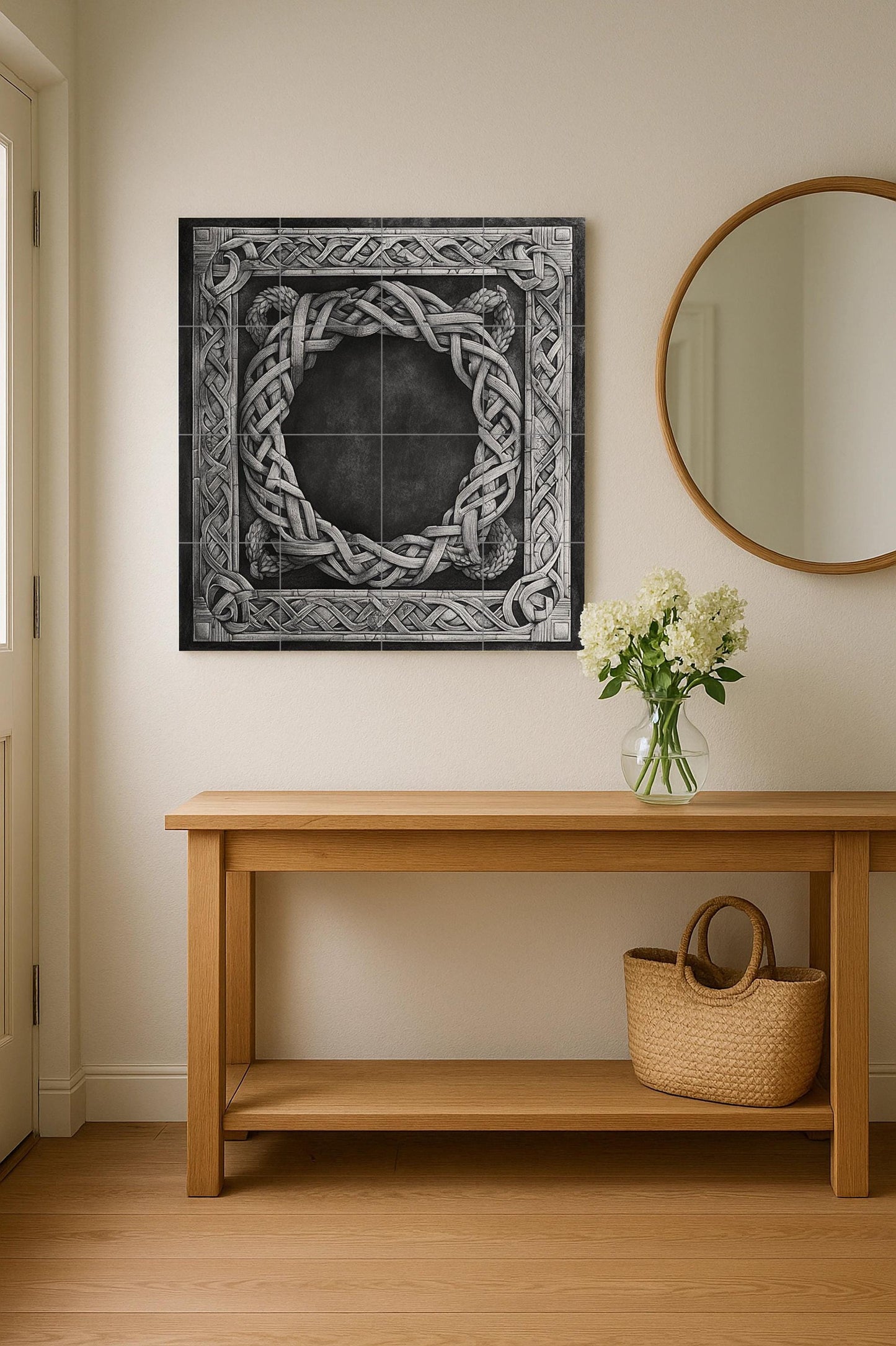 Nordic stonework ceramic mural: artwork with Viking knot border, Nordic weaving motifs and medieval architectural elegance.