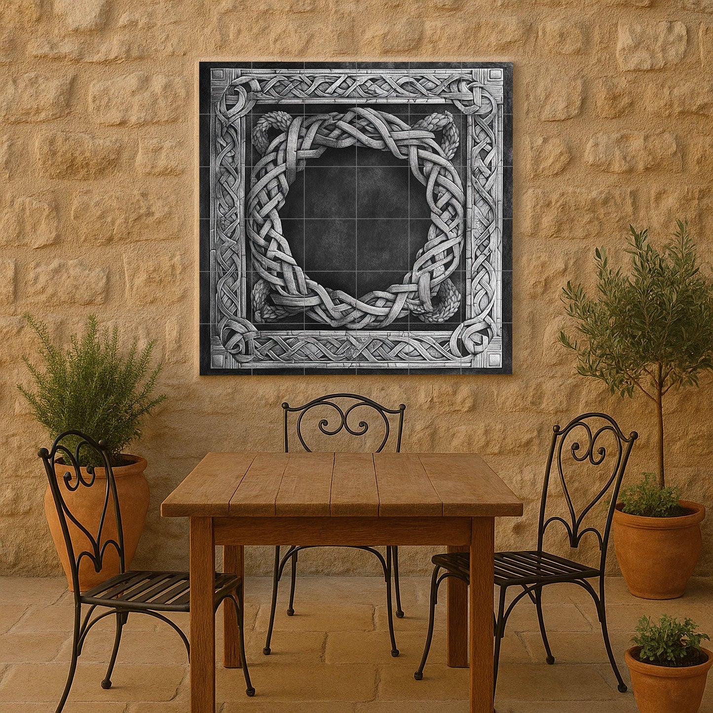 Nordic stonework ceramic mural: artwork with Viking knot border, Nordic weaving motifs and medieval architectural elegance.