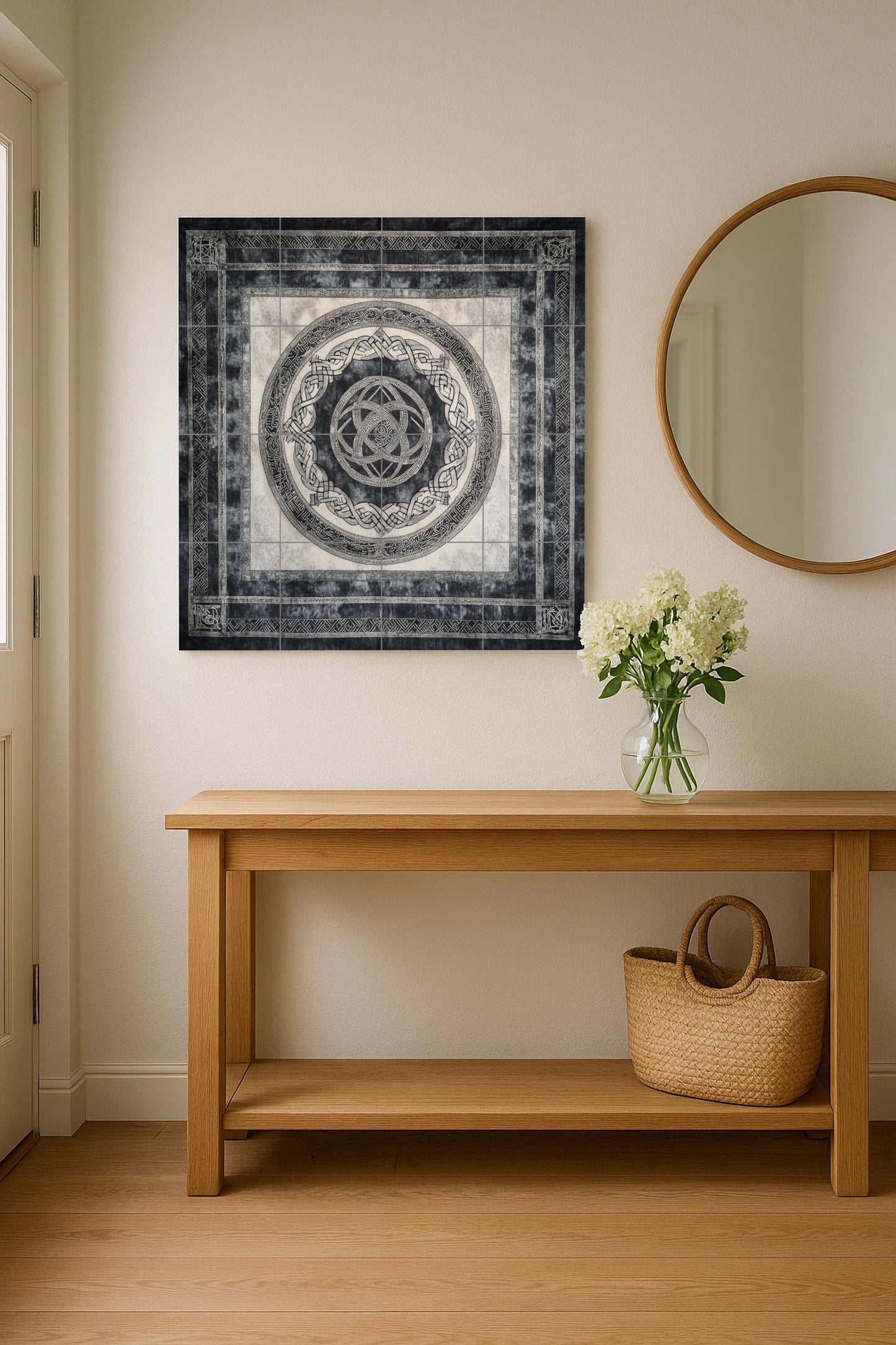 Icelandic Viking ceramic mural: artwork featuring Nordic knots and runic tiles with Nordic ring borders, Scandinavian heritage design.