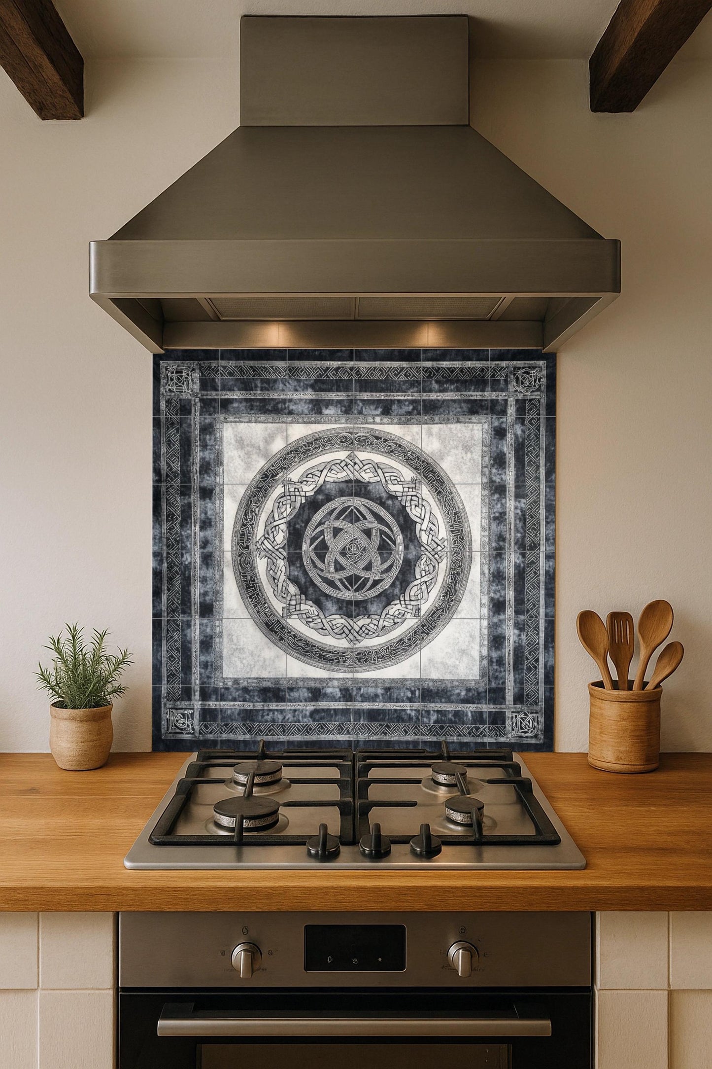 Icelandic Viking ceramic mural: artwork featuring Nordic knots and runic tiles with Nordic ring borders, Scandinavian heritage design.