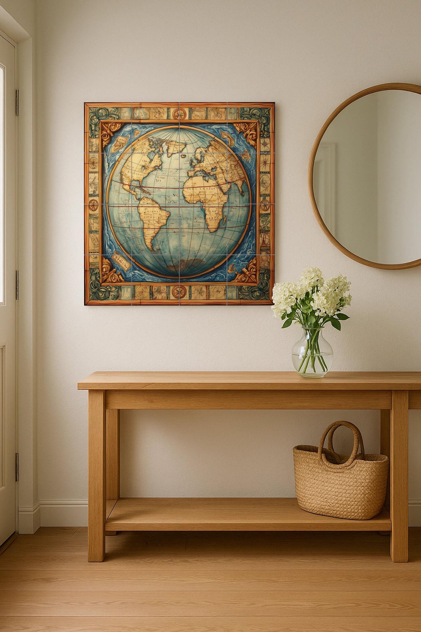 Ceramic mural with world map: artwork with antique globe, nautical borders, cartographic Renaissance style and geographical elegance.