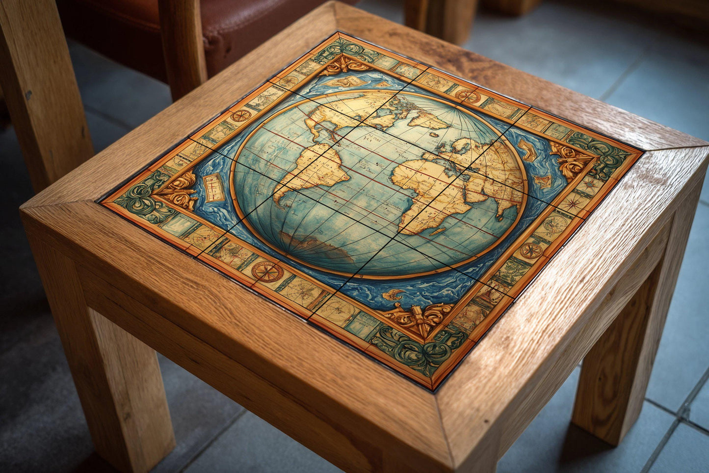 Ceramic mural with world map: artwork with antique globe, nautical borders, cartographic Renaissance style and geographical elegance.