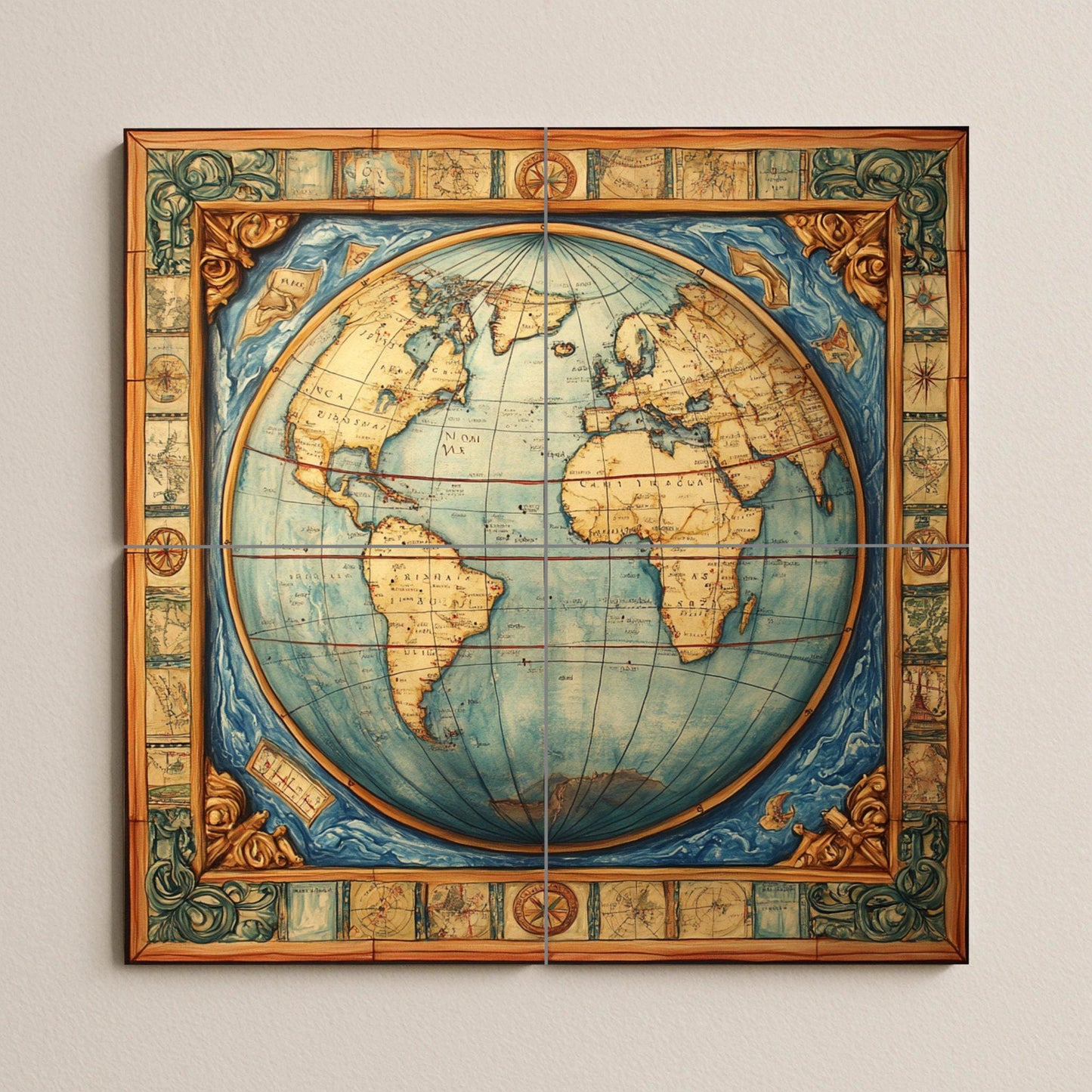 Ceramic mural with world map: artwork with antique globe, nautical borders, cartographic Renaissance style and geographical elegance.