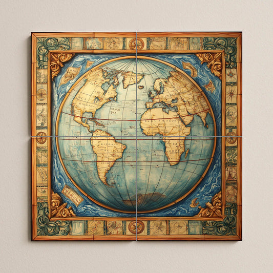 Ceramic mural with world map: artwork with antique globe, nautical borders, cartographic Renaissance style and geographical elegance.
