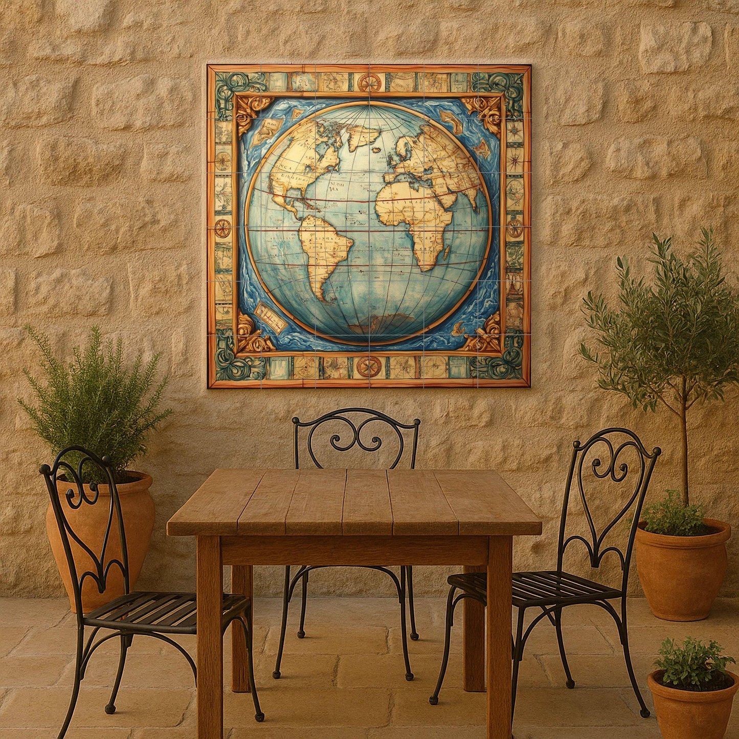 Ceramic mural with world map: artwork with antique globe, nautical borders, cartographic Renaissance style and geographical elegance.