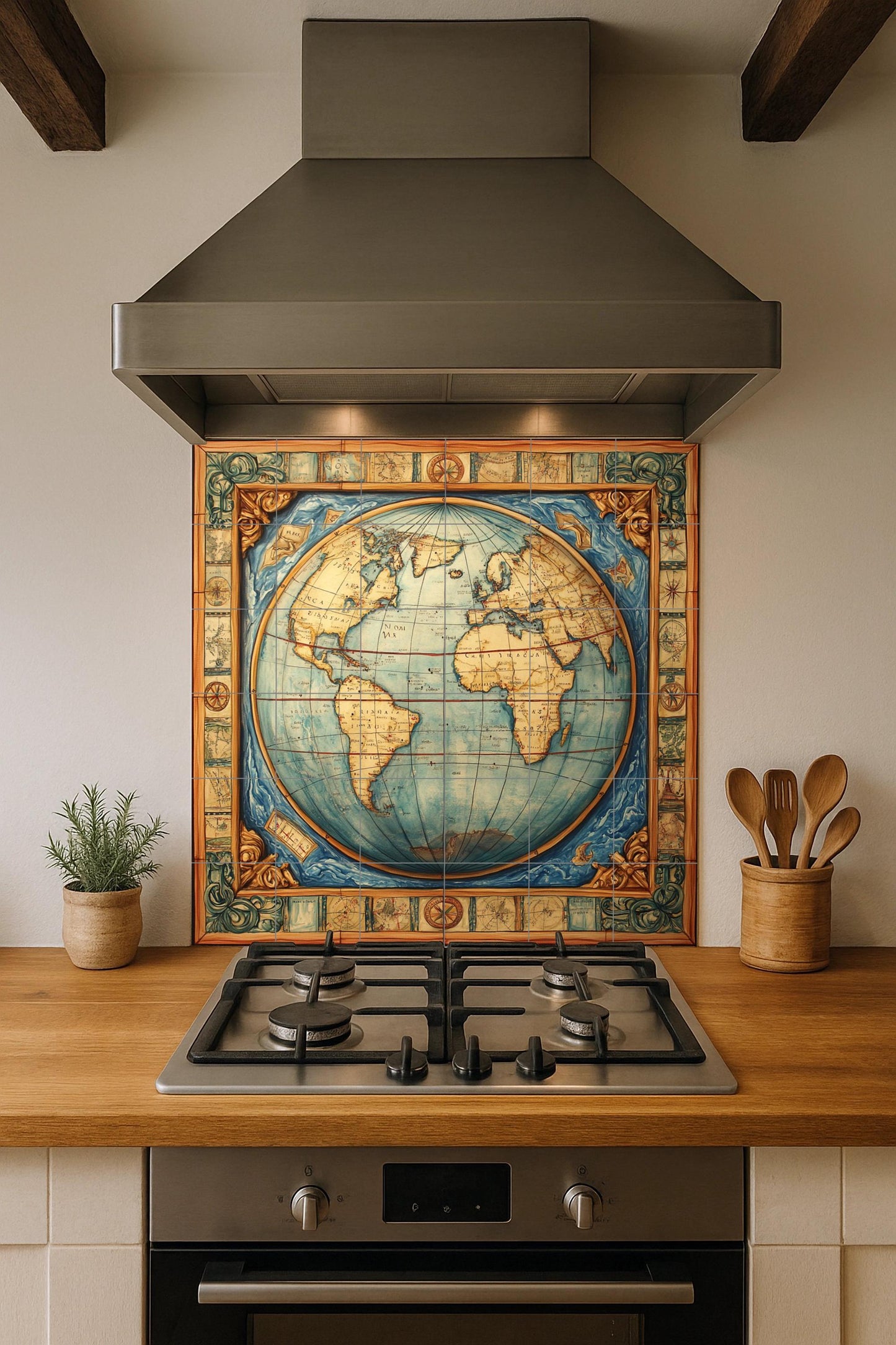Ceramic mural with world map: artwork with antique globe, nautical borders, cartographic Renaissance style and geographical elegance.