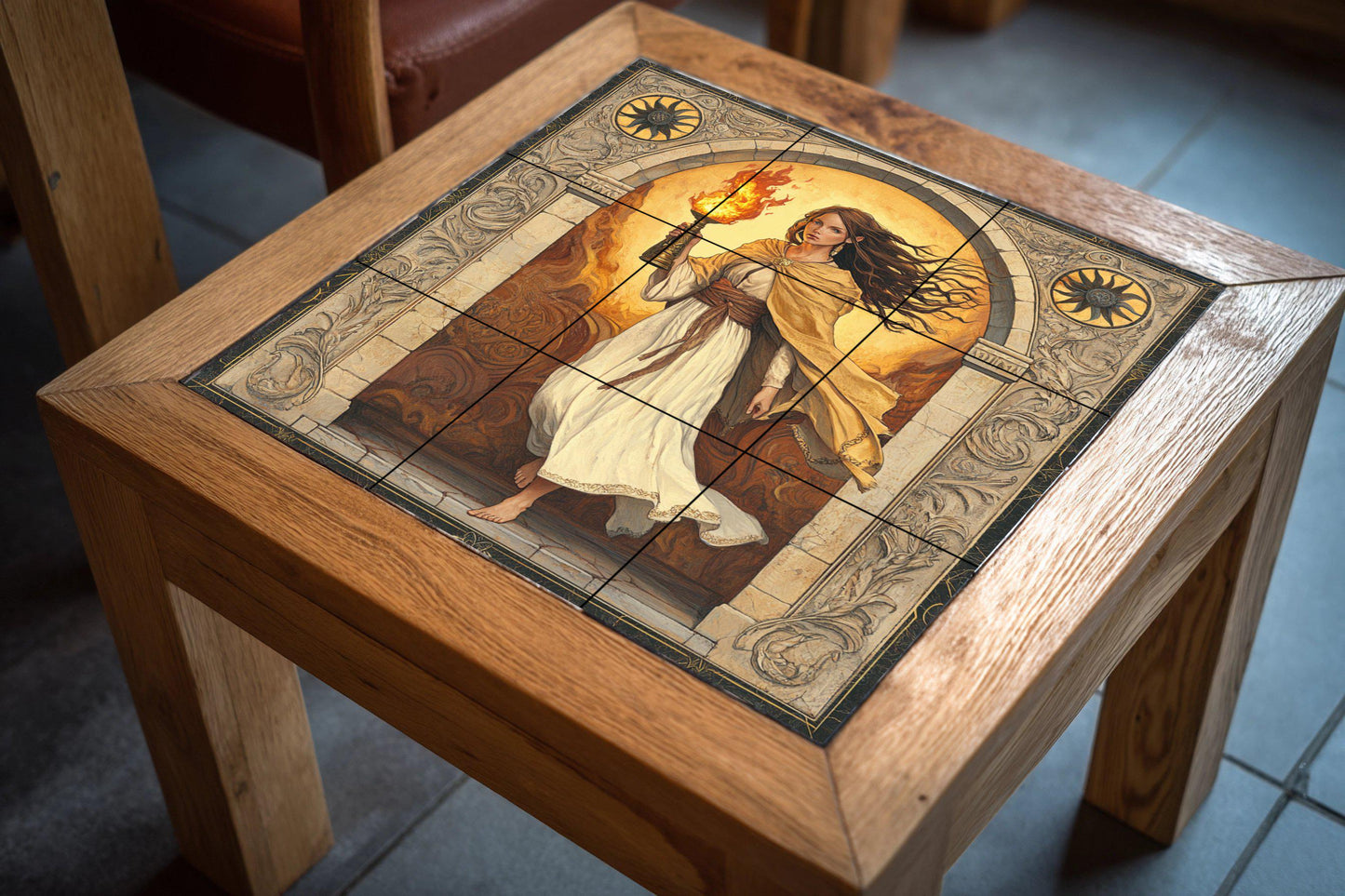 Classic ceramic mural: Woman with flame under a stone arch, of Greco-Roman inspiration, with Baroque border, artwork with tiles of mythical European elegance.