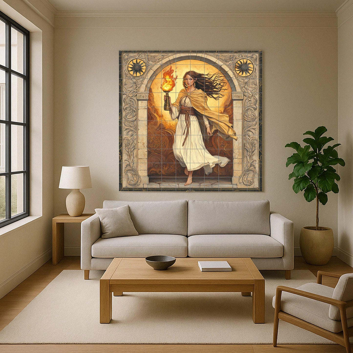 Classic ceramic mural: Woman with flame under a stone arch, of Greco-Roman inspiration, with Baroque border, artwork with tiles of mythical European elegance.