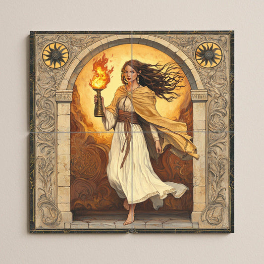 Classic ceramic mural: Woman with flame under a stone arch, of Greco-Roman inspiration, with Baroque border, artwork with tiles of mythical European elegance.