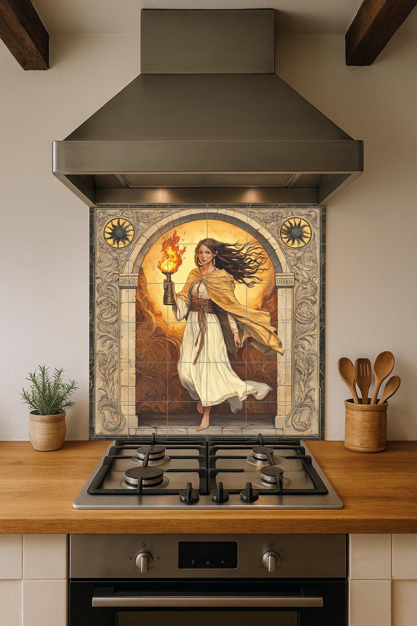Classic ceramic mural: Woman with flame under a stone arch, of Greco-Roman inspiration, with Baroque border, artwork with tiles of mythical European elegance.