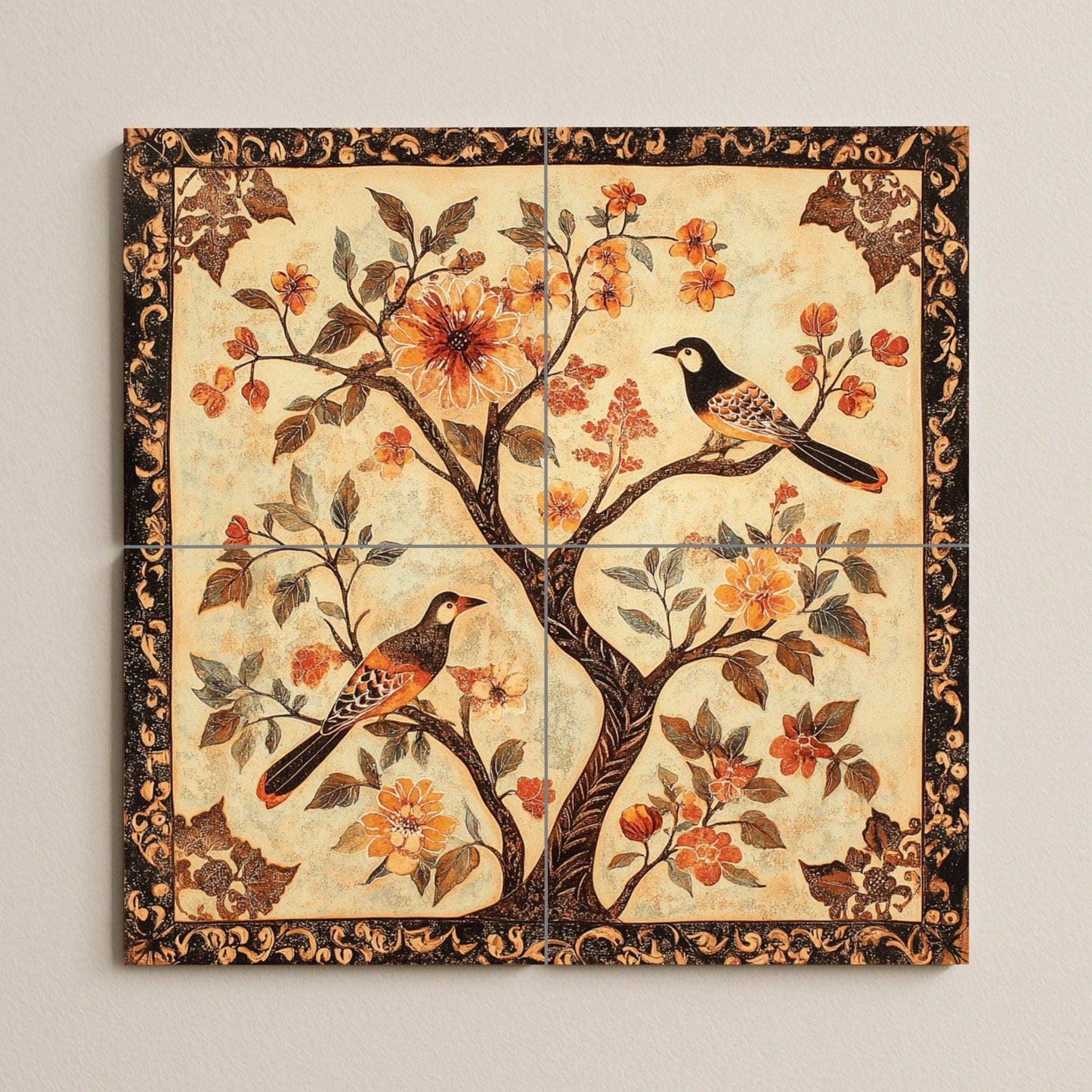 Chinese ceramic mural: artwork with birds and flowers tiles from the Song Dynasty, with the elegance of the Suzhou garden, Tang decorative borders and oriental harmony.