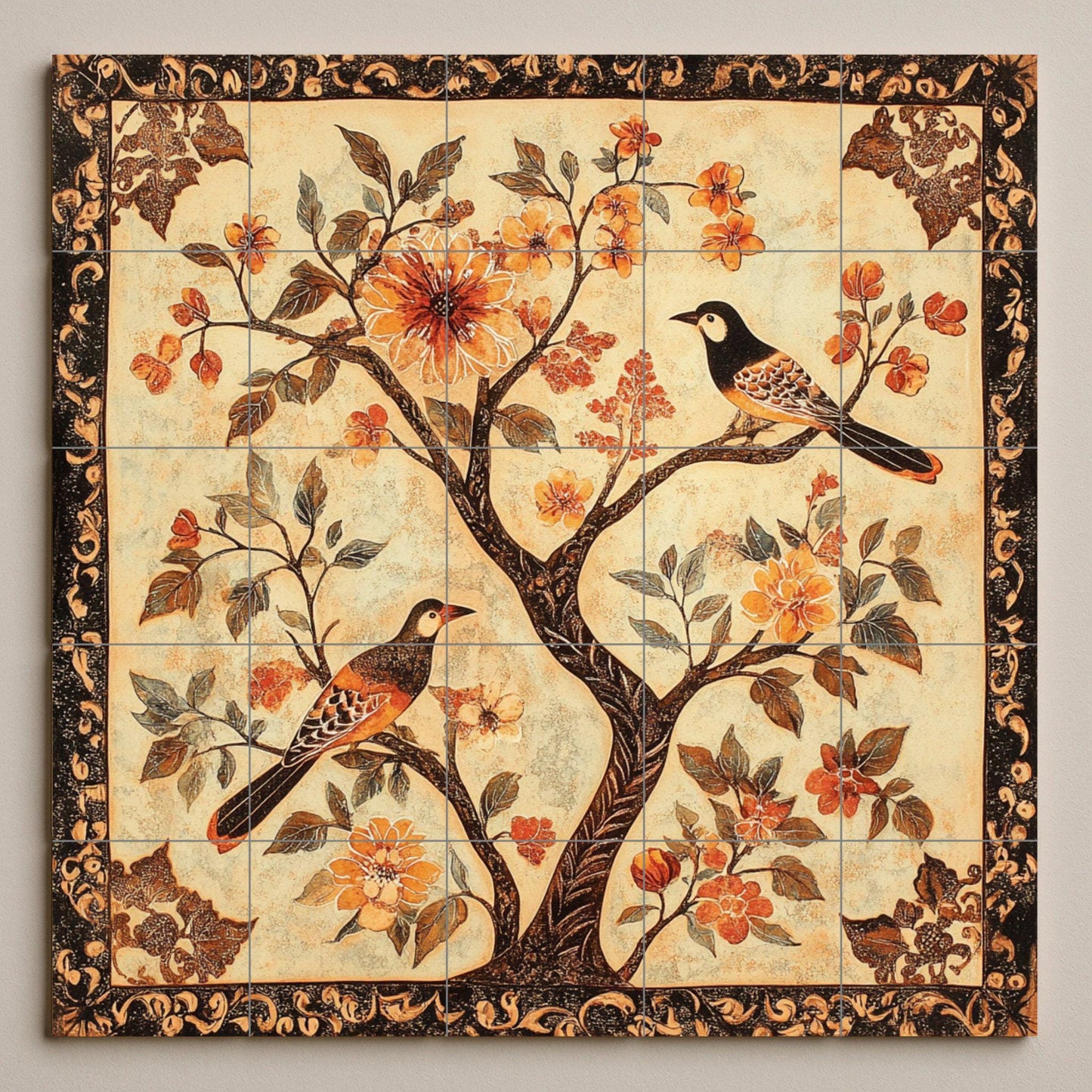 Chinese ceramic mural: artwork with birds and flowers tiles from the Song Dynasty, with the elegance of the Suzhou garden, Tang decorative borders and oriental harmony.