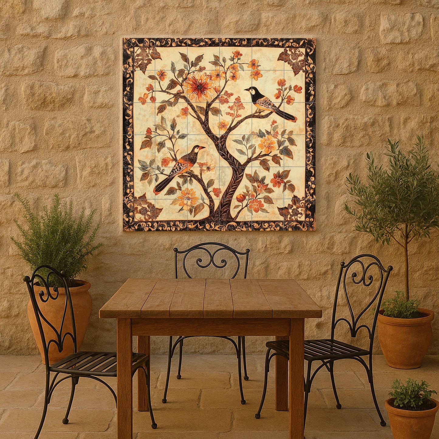 Chinese ceramic mural: artwork with birds and flowers tiles from the Song Dynasty, with the elegance of the Suzhou garden, Tang decorative borders and oriental harmony.
