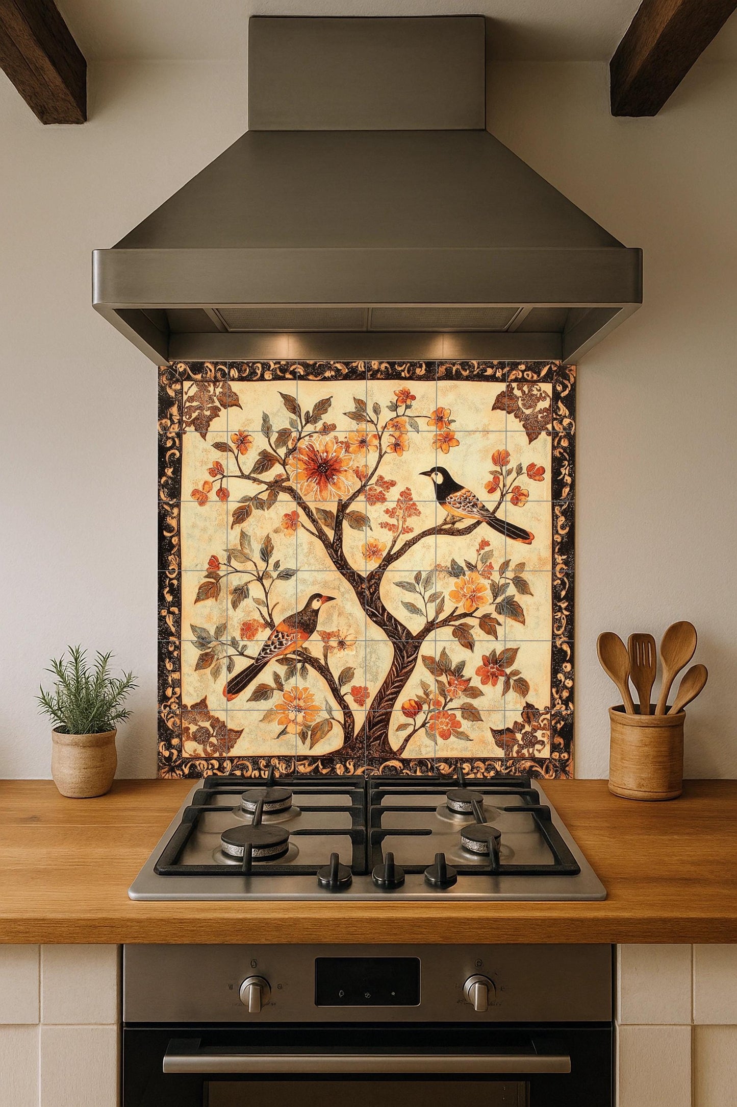 Chinese ceramic mural: artwork with birds and flowers tiles from the Song Dynasty, with the elegance of the Suzhou garden, Tang decorative borders and oriental harmony.