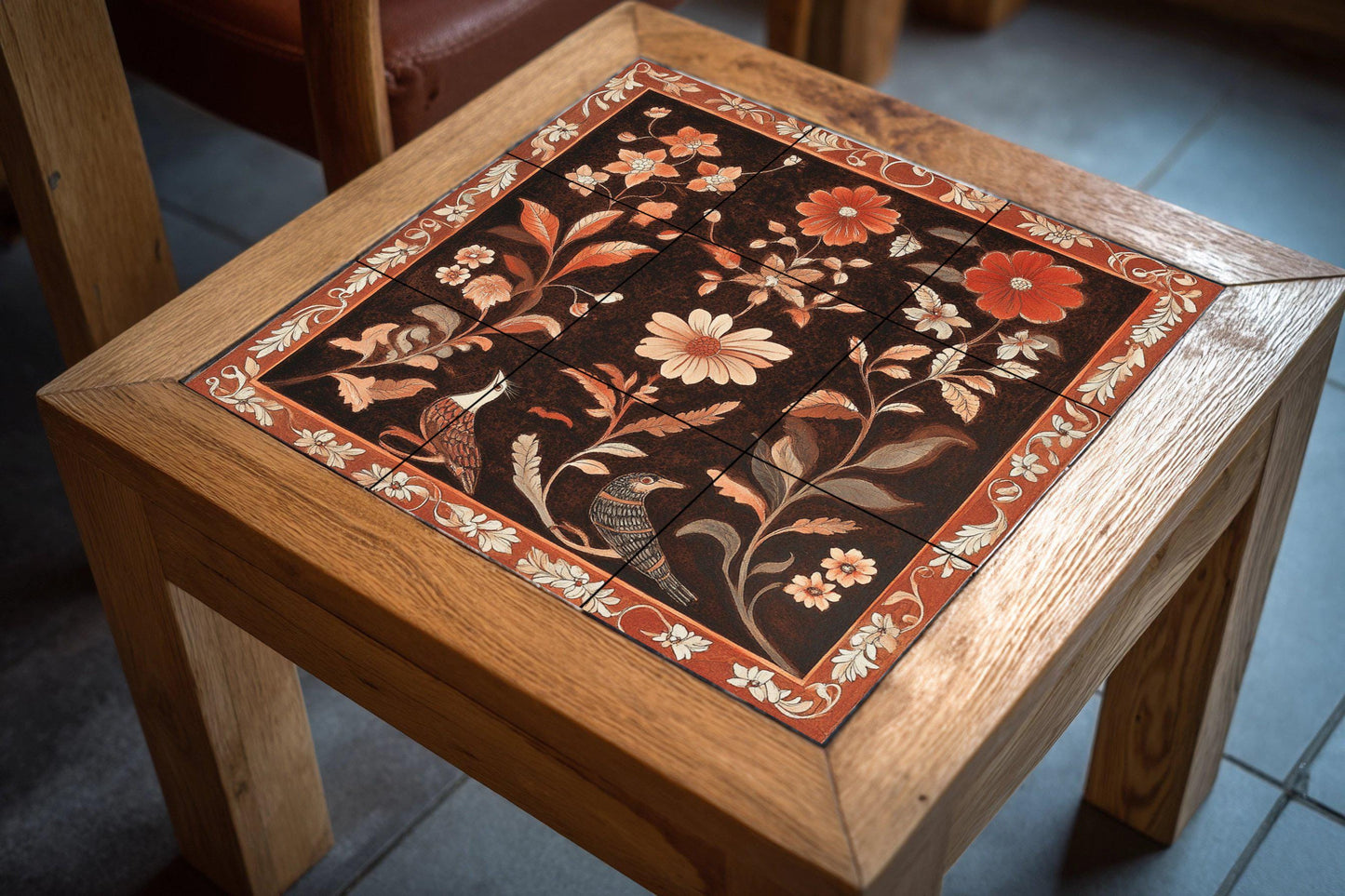 Floral terracotta ceramic mural: artwork with bird and flower tiles, ornamental frame, warm red tones and elegant decoration.