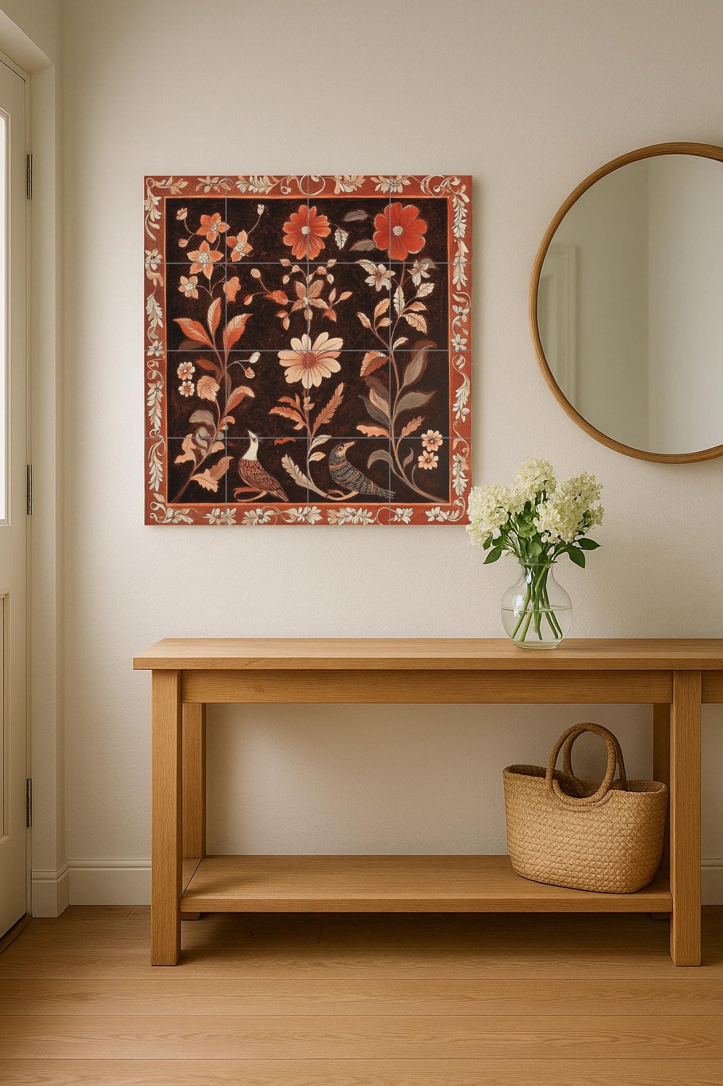 Floral terracotta ceramic mural: artwork with bird and flower tiles, ornamental frame, warm red tones and elegant decoration.