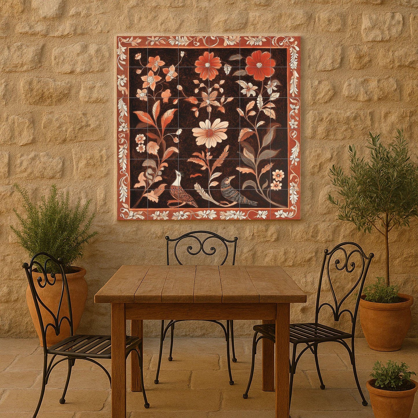 Floral terracotta ceramic mural: artwork with bird and flower tiles, ornamental frame, warm red tones and elegant decoration.