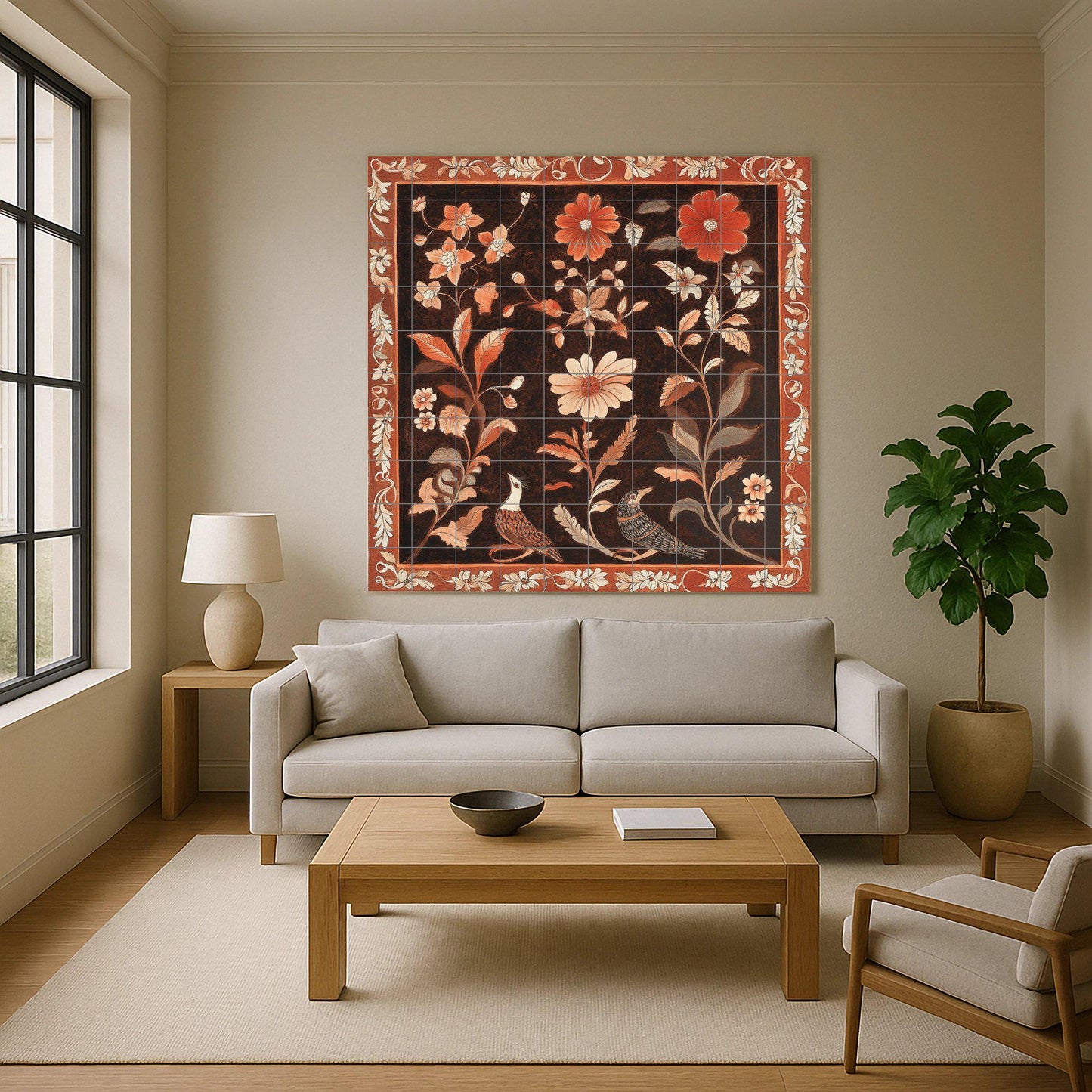 Floral terracotta ceramic mural: artwork with bird and flower tiles, ornamental frame, warm red tones and elegant decoration.