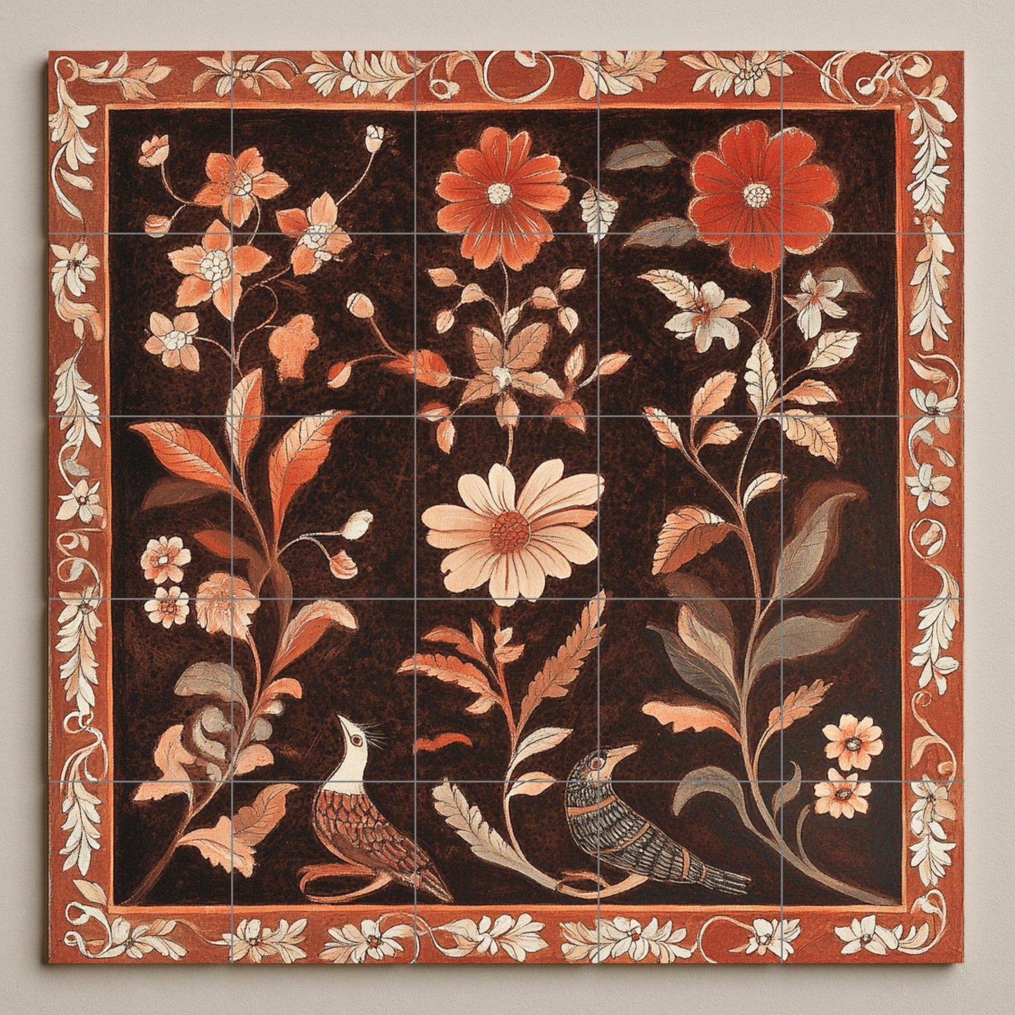 Floral terracotta ceramic mural: artwork with bird and flower tiles, ornamental frame, warm red tones and elegant decoration.