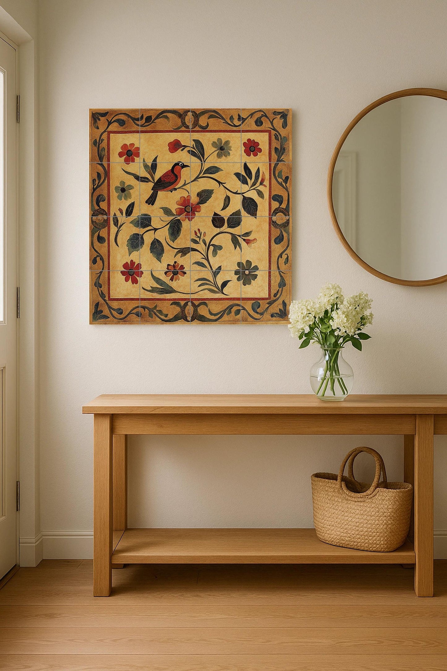 Golden ceramic mural: handcrafted artwork with floral and bird motifs, ornamental frame, warm earth tones and decorative elegance.