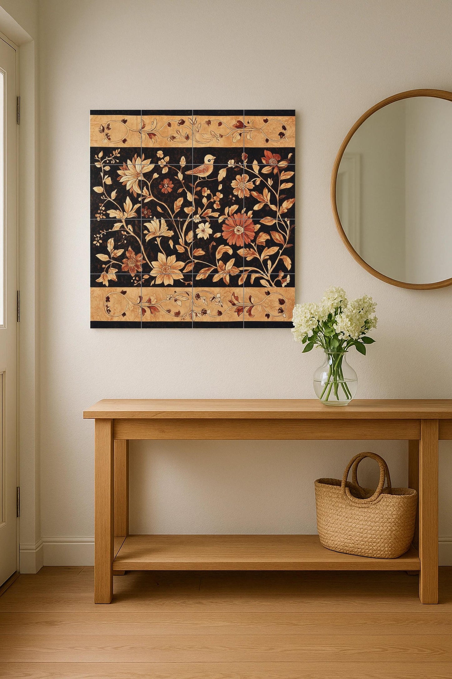 Indonesian batik ceramic mural: artwork featuring floral and bird tiles in earthy tones, canting style borders and elegant wax-resistant decoration.