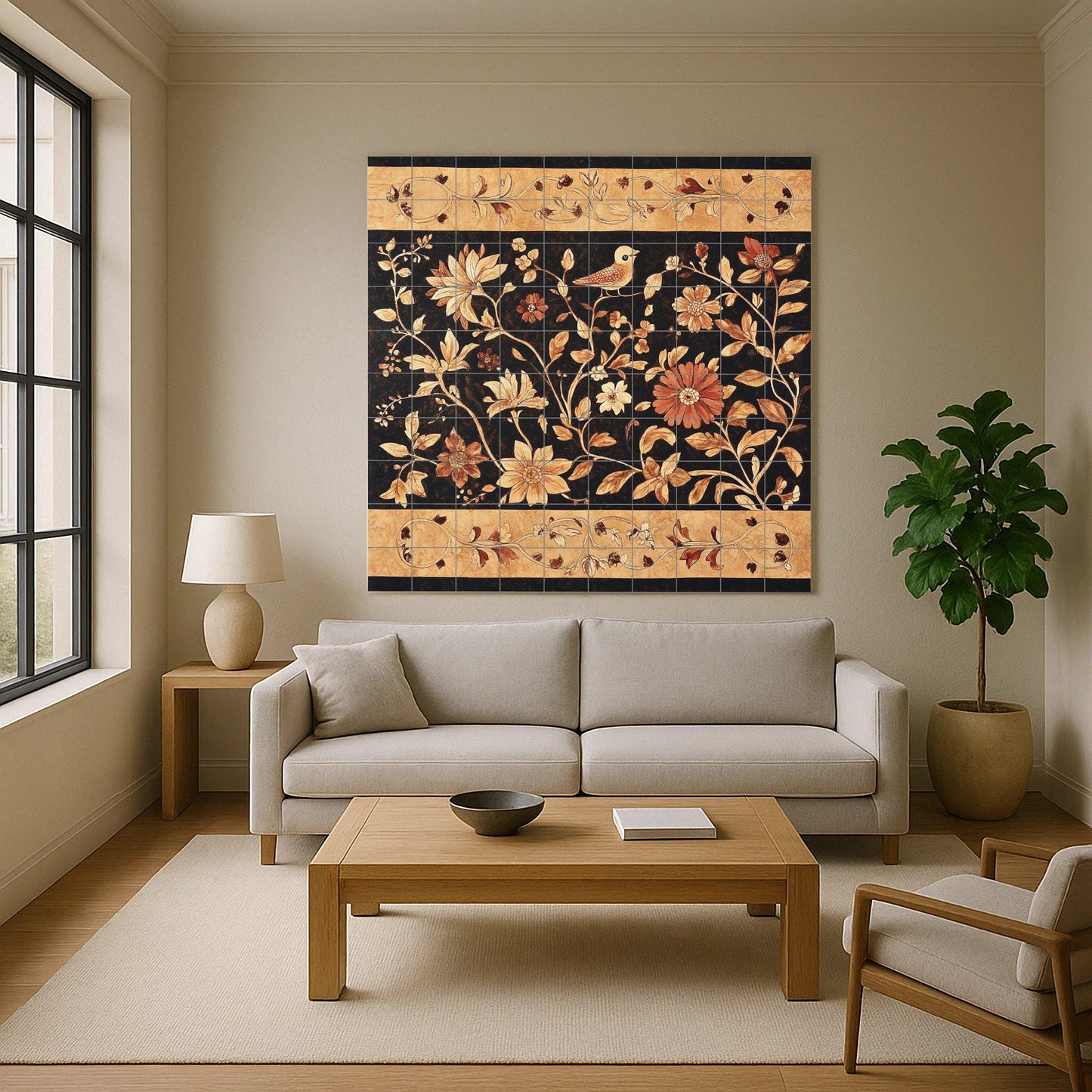 Indonesian batik ceramic mural: artwork featuring floral and bird tiles in earthy tones, canting style borders and elegant wax-resistant decoration.