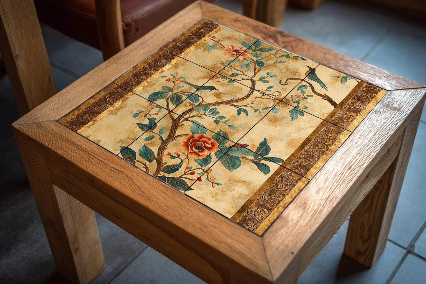 Ceramic mural with flowers and birds: elegant chinoiserie-inspired tile artwork with botanical motifs, songbirds and ornamental gold frame.