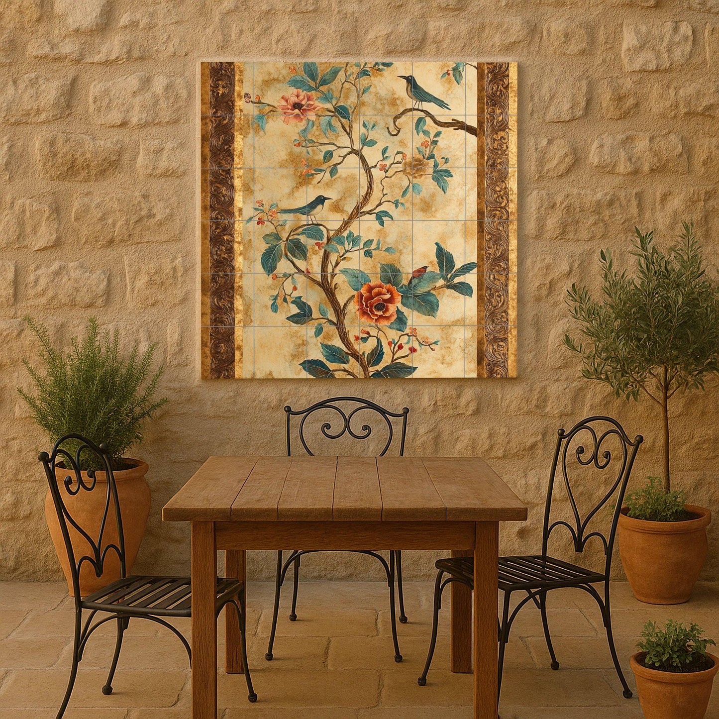 Ceramic mural with flowers and birds: elegant chinoiserie-inspired tile artwork with botanical motifs, songbirds and ornamental gold frame.