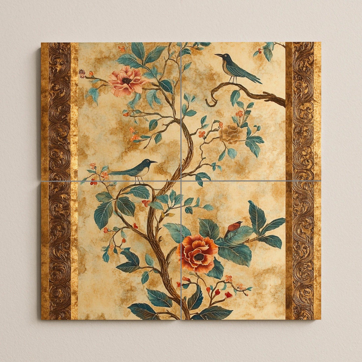 Ceramic mural with flowers and birds: elegant chinoiserie-inspired tile artwork with botanical motifs, songbirds and ornamental gold frame.