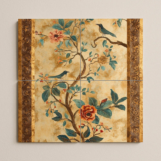 Ceramic mural with flowers and birds: elegant chinoiserie-inspired tile artwork with botanical motifs, songbirds and ornamental gold frame.