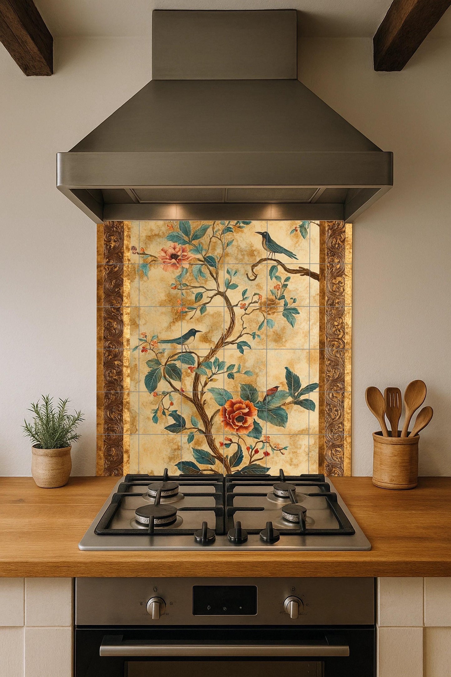 Ceramic mural with flowers and birds: elegant chinoiserie-inspired tile artwork with botanical motifs, songbirds and ornamental gold frame.